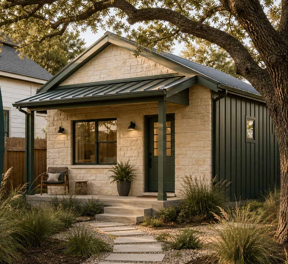 Illustrative Austin backyard dwelling shaded by a live oak beside an existing home