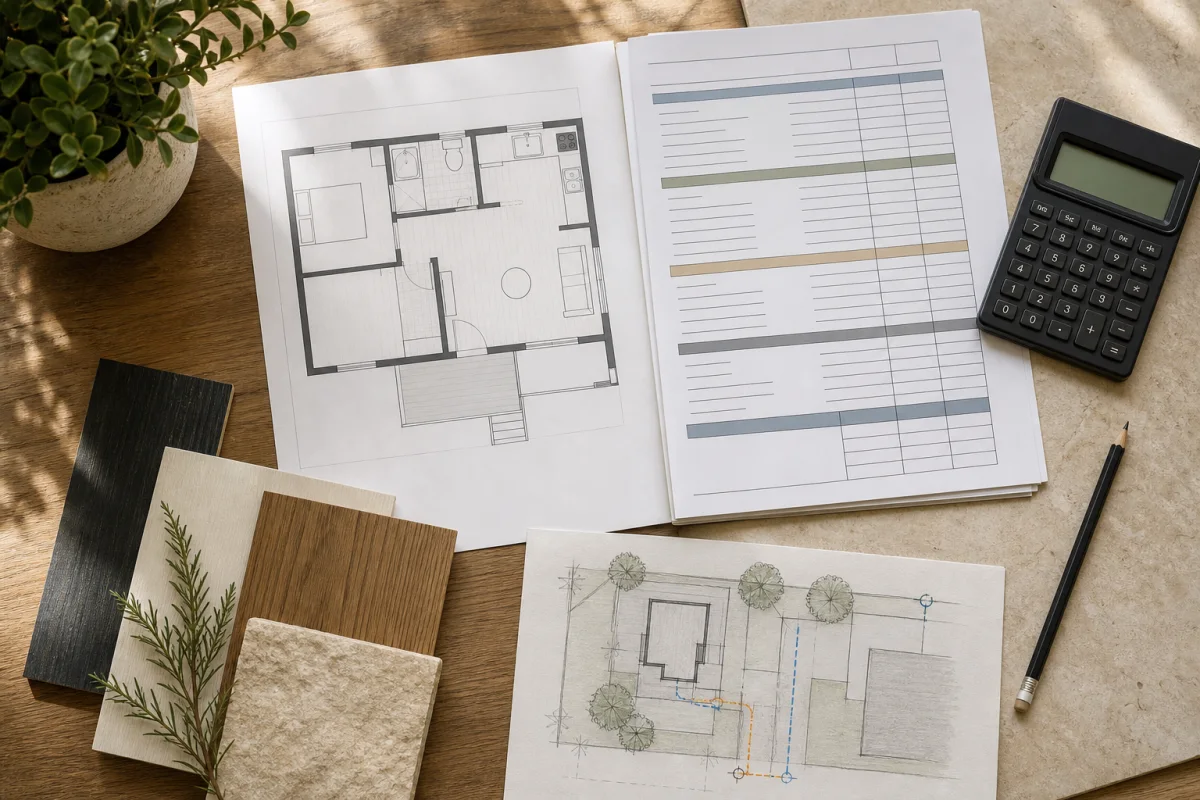 Illustrative ADU floor plan, blank budget worksheet, calculator, material samples and utility sketch on a planning table.
