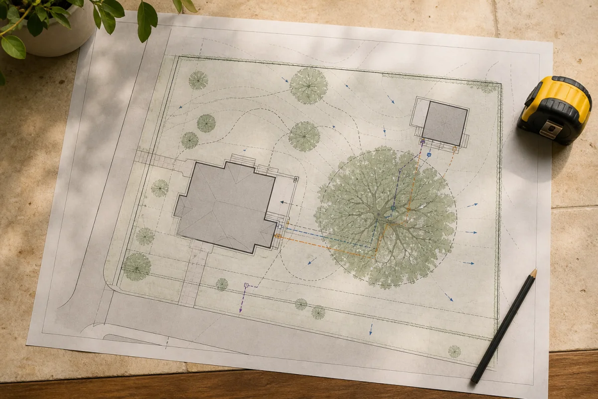 Illustrative overhead Austin property plan showing an existing house, proposed backyard dwelling, mature tree, drainage arrows and utility routes.