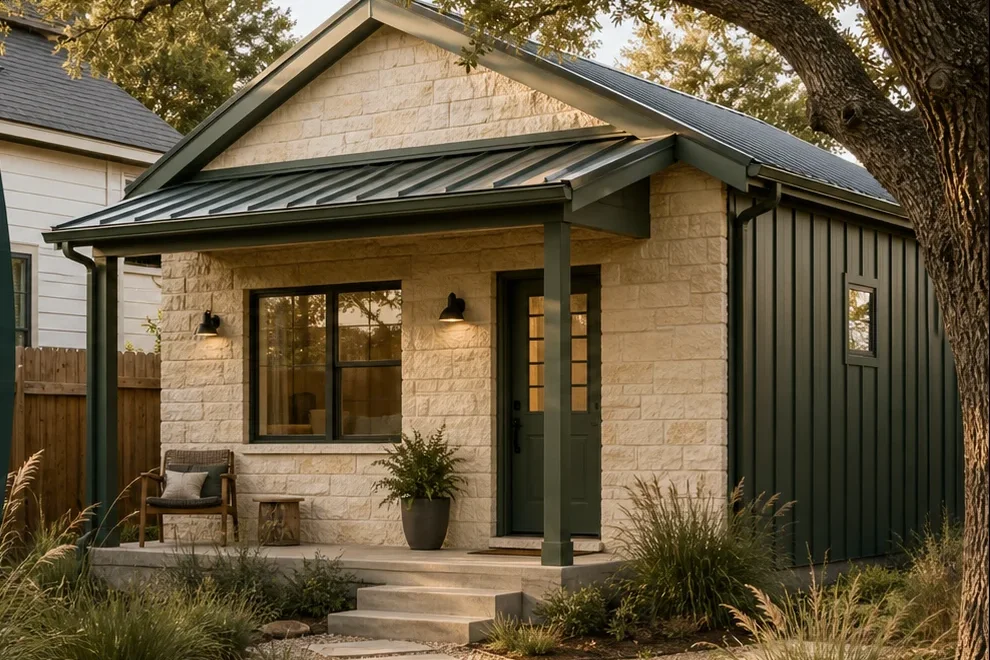Illustrative Austin backyard dwelling shaded by a live oak beside an existing home